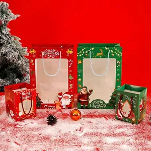 Sacs Cadeaux de Noël Lot de 10 Pièces Père Noël Renne Sacs en Papier Avec Poignée Fenêtre Pour Bonbons Biscuits Fête