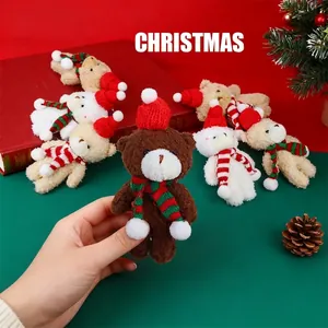 Cute Christmas plush bear ornaments with festive hats and scarves on a red-green background.