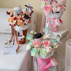 Creative Plush Milk Tea Ice Cream Bucket Flower Packaging Box DIY Flannel Flower Arrangement Gift Box For Wedding Christmas Valentine