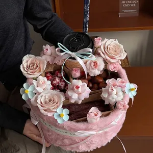 Elegant pink plush round flower box for DIY floral arrangements and gift packaging