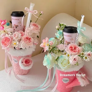 Elegant pink plush milk tea cup flower bucket for DIY creative floral packaging