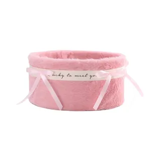 Pink plush round flower hug bucket gift box with ribbon bow for DIY floral arrangement
