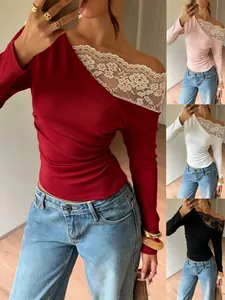 Women's French Lace Patchwork Slant Shoulder Long Sleeve T-Shirt Slim Fit Ribbed Polyester Off Shoulder Sexy Elegant Top