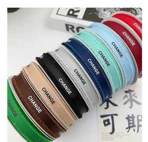 Detail of frayed edge grosgrain ribbons in multiple colors with printed CHANGE logo