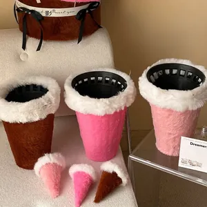 Plush ice cream style flower buckets with soft fur trim and matching cone accessories.