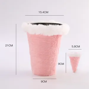 Pink plush ice cream shaped flower packaging box with soft white fluffy trim and size labels