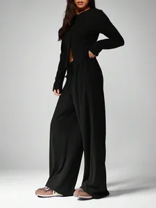 Casual black long-sleeve cardigan and high-waist drawstring wide-leg pants two-piece set