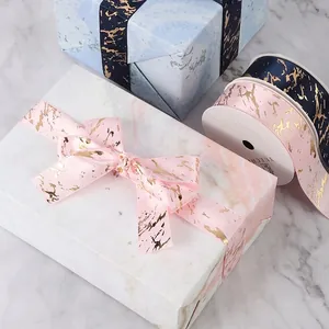 Marble Pattern Polyester Satin Ribbon Gold Stamped Bronzing Craft Decorative Ribbon For Gift Wrapping Wedding Party Decor