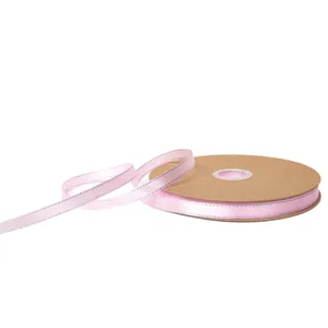 Premium 1cm pink satin ribbon with silver metallic edge for gift wrapping and floral crafts