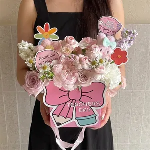 Creative Teacher's Day Pink Bow Pencil Design Handheld Flower Box Embossed Paper Gift Box For Gifting Floral Arrangements