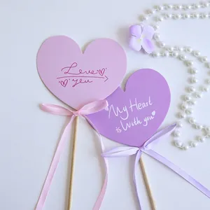 Heart-shaped flower bouquet decorative message cards with pink and purple ribbons