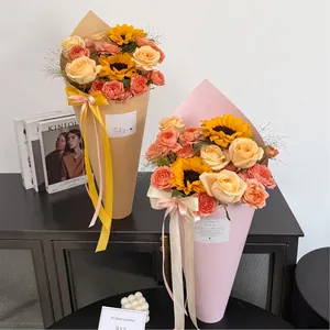 Waterproof Cardboard Ice Cream Cone Bouquet Wrapping Paper Standable Floral Packaging Sheets With Bow Stickers For DIY
