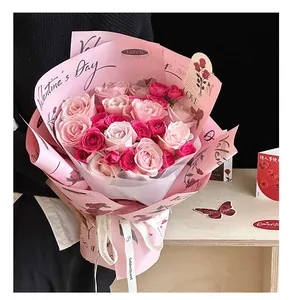 Close-up of pink rose bouquet in Valentine's Day themed waterproof wrapping paper