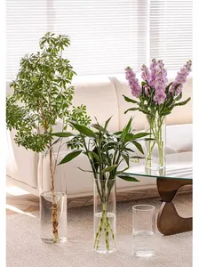 High-transparency acrylic cylindrical vases in a modern sunlit living room setting.