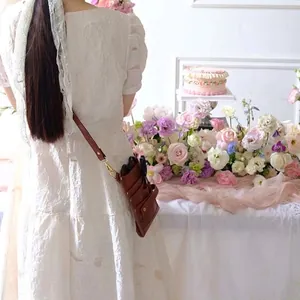 Floral Embroidered Cotton Apron Cowhide Leather Tool Bag For Florist Gardening Kitchen Workwear Women Vintage Work Apron