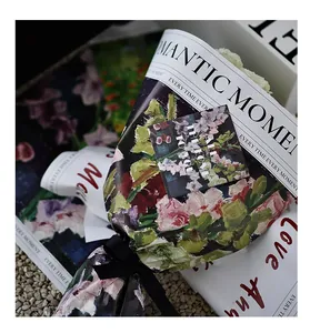 Detailed view of artistic floral oil painting wrapping paper for romantic bouquet gifts