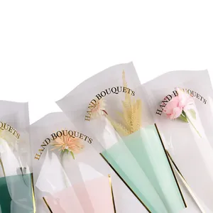 Transparent flower bouquet packaging bags with gold 'HAND BOUQUETS' lettering for gifts