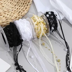 Elegant pearl bead ribbons for gift wrapping and floral decoration, 4 colors set