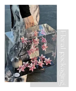 Detailed macro view of a transparent acrylic gift box with handle for floral arrangements