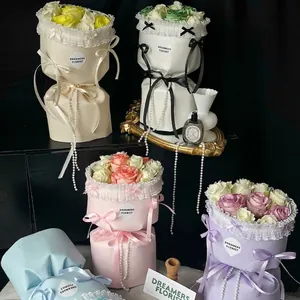 Papel de Regalo para Flores Impermeable Estilo Lolita Con Borde de Encaje y Lazo Elegante Material de Embalaje Floral para Ramos