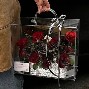 Premium clear acrylic flower gift box with portable handle for elegant rose arrangements