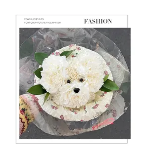 Macro view of a white carnation flower bouquet creatively shaped like a cute puppy head