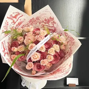 Romantic pink rose bouquet with vintage floral pattern wrapping paper for Valentine's Day