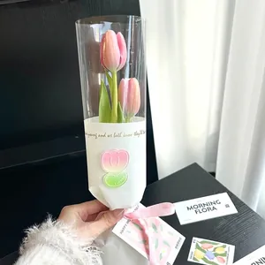 Single stem transparent flower bouquet packaging bag for Mother's Day with pink ribbon