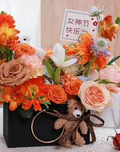 Detailed macro view of a plush teddy bear nestled in a colorful mixed flower bouquet