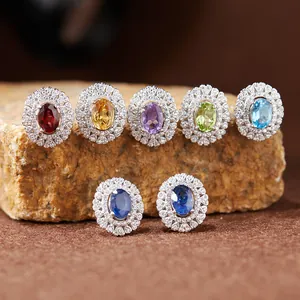 925 Sterling Silver Natural Gemstone Stud Earrings For Women Oval Amethyst Citrine Topaz Garnet Luxury Rhinestone Jewelry