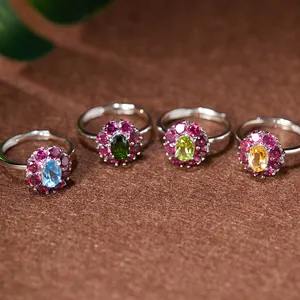 Anello Aperto Floreale in Argento Sterling 925 per Donna Citrino Naturale Diopside Topazio Peridoto con Pietre Preziose Anello Regolabile