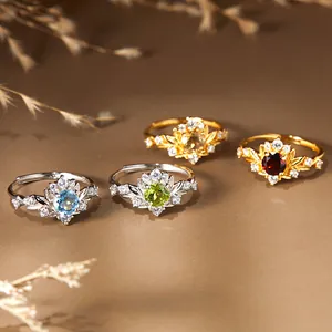 Bague Ouverte Branche Feuille Argent S925 Vintage Femmes Citrine Péridot Grenat Topaze Naturelle Bijoux Inscrustés
