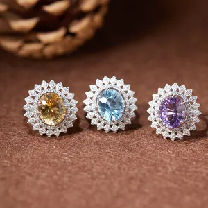 Bague Tournesol en Citrine Naturelle Améthyste Topaze Argent Sterling 925 avec Strass Incrustés Bague Réglable Fleur pour Femme