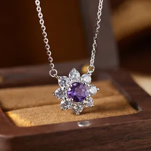 Elegant close-up view of a purple amethyst flower pendant on an S925 sterling silver chain