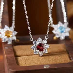 S925 Sterling Silver Natural Amethyst Citrine Garnet Topaz Peridot Flower Pendant Necklace For Women Rhinestone Floral Jewelry