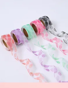 Detailed view of semi-transparent organza ribbons with rose floral patterns in various colors