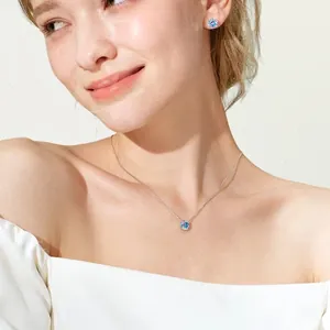 Detail of iridescent gemstone necklace and earring set on model, S925 sterling silver.