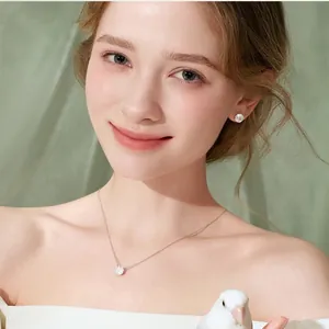 Elegant S925 sterling silver necklace and stud earrings set with clear round gemstones