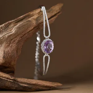 Detailed macro view of natural purple amethyst bracelet in S925 silver with crystal halo