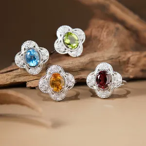 Elegant S925 silver rings with natural colorful gemstones and floral detail designs