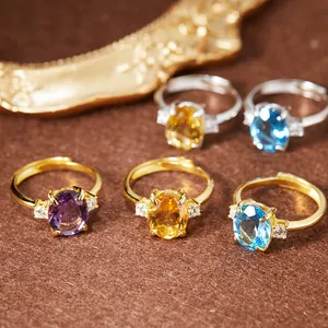 Bague Ouverte Ajustable en Argent Sterling 925 Avec Pierres Précieuses Naturelles Citrine Améthyste Topaze Suisse Strass Femme Bijoux