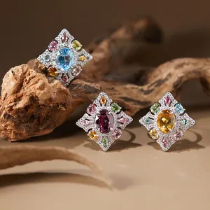Detailed view of elegant natural multi-gemstone S925 silver rings featuring topaz.
