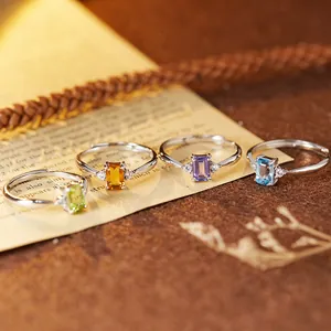 Emerald Cut Natural Citrine Amethyst Tanzanite Topaz Ring S925 Sterling Silver Ring For Women Minimalist Fashion Adjustable Gemstone Ring Jewelry Gift