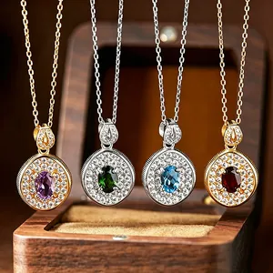 925 Sterling Silver Natural Gemstone Pendant Necklace Amethyst Citrine Topaz Garnet Diopside Rhinestone Jewelry For Women