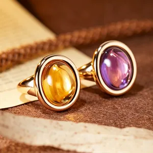 Vintage 925 Sterling Silver 24K Gold Plated Natural Amethyst Citrine Bathtub Open Ring For Women Minimalist Gemstone Jewelry