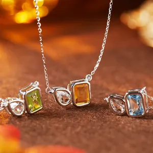 925 Sterling Silver Natural Topaz Amethyst Citrine Double Gemstone Necklace For Women Geometric Water Drop Clavicle Chain Jewelry