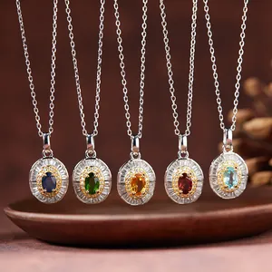 925 Sterling Silber Natürliche Edelstein Anhänger Halskette Retro Luxus Oval Halo Citrin Topas Saphir Smaragd Schmuck Für Damen