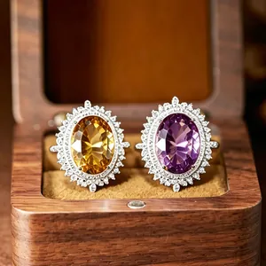 925 Sterling Silver Natural Amethyst Citrine Jewelry Set Large Carat Millennium Cut Oval Gemstone Ring Necklace For Women