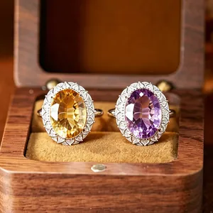 Millennium Cut Natural Citrine Amethyst Ring S925 Sterling Silver Vintage Floral Adjustable Open Ring Pendant Necklace Set For Women