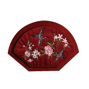 Traditional Chinese fan-shaped red gift box with elegant crane and floral embroidery